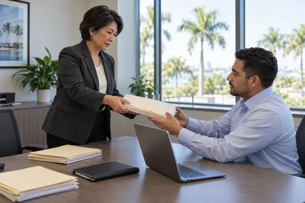 Finance manager hands account folders to a collections representative across an office meeting table.