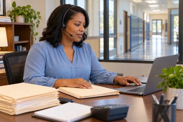 School office professional reviews account folders while speaking through a headset and working on a laptop.