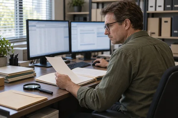 Records researcher compares a paper file with information on two computer monitors in a professional office.